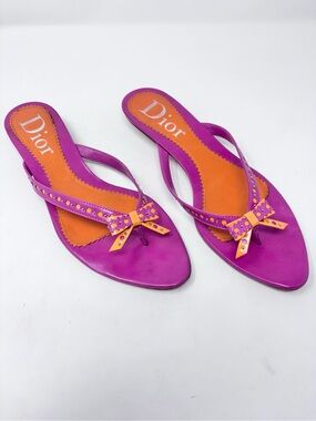 Vintage Dior D’trick Bow Thong Flip Flop Kitten Heel Sandal 41.5 EU Pink Orange